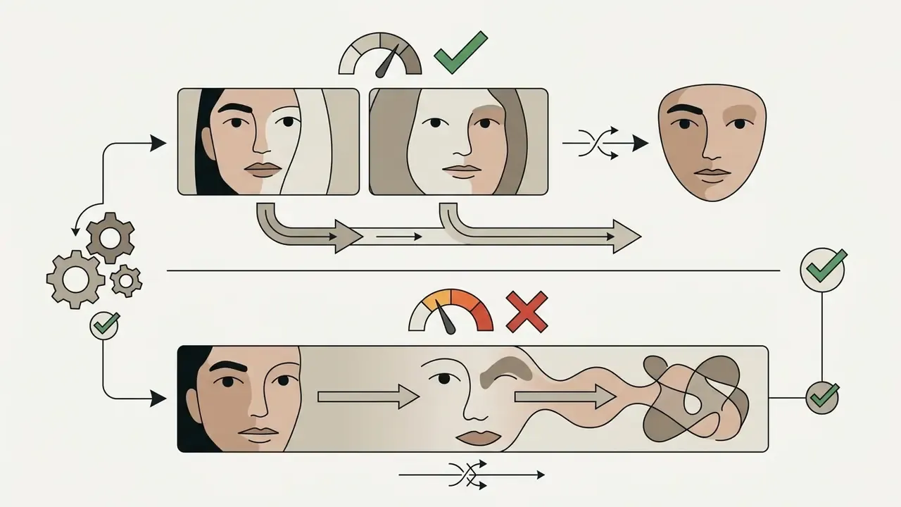 Comparison of short video clips maintaining facial consistency versus long clips causing identity drift