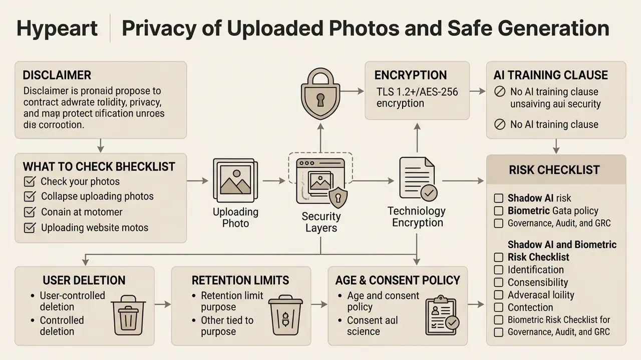 Flowchart detailing security protocols for photo uploads including encryption and risk management steps