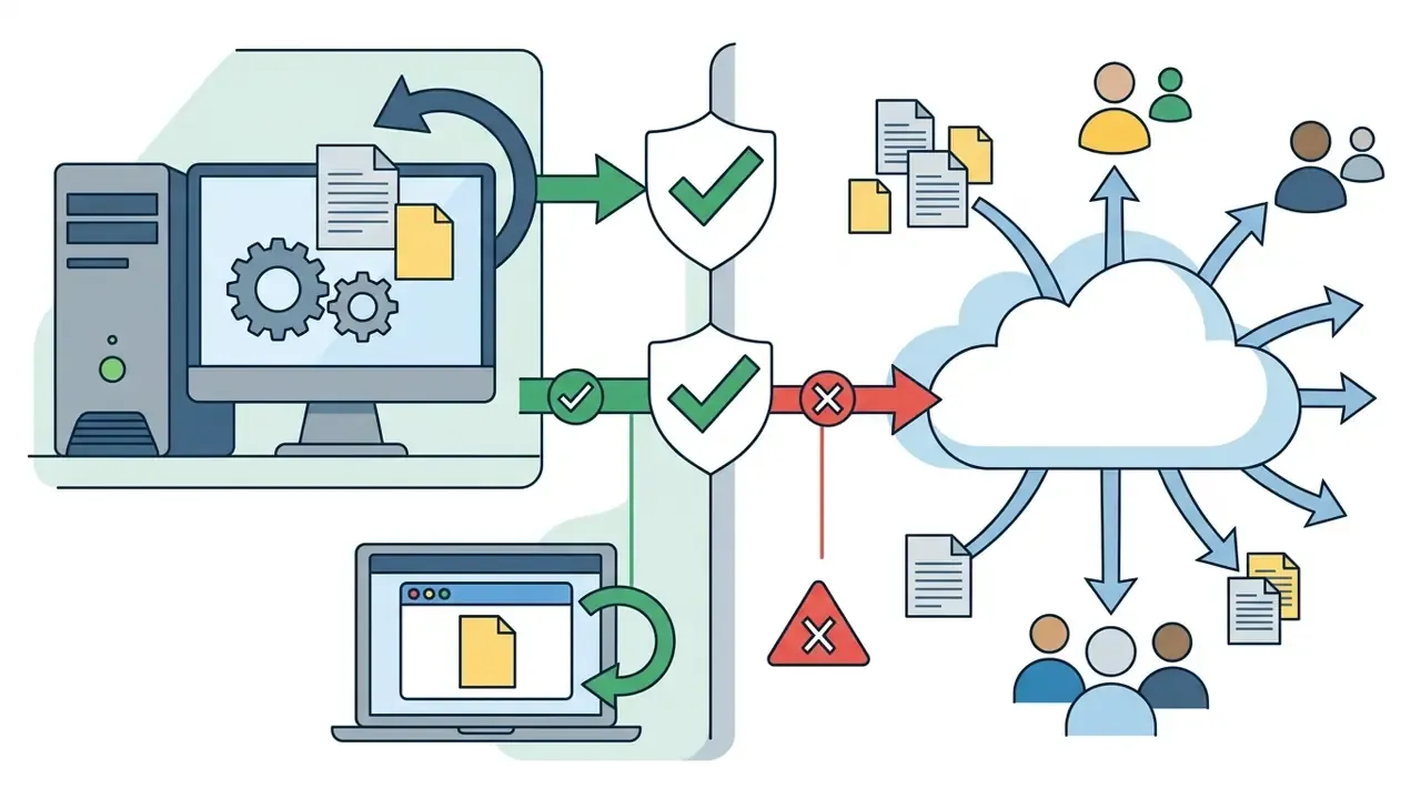Desktop and laptop computers processing files locally before a barrier blocks data transfer to a cloud