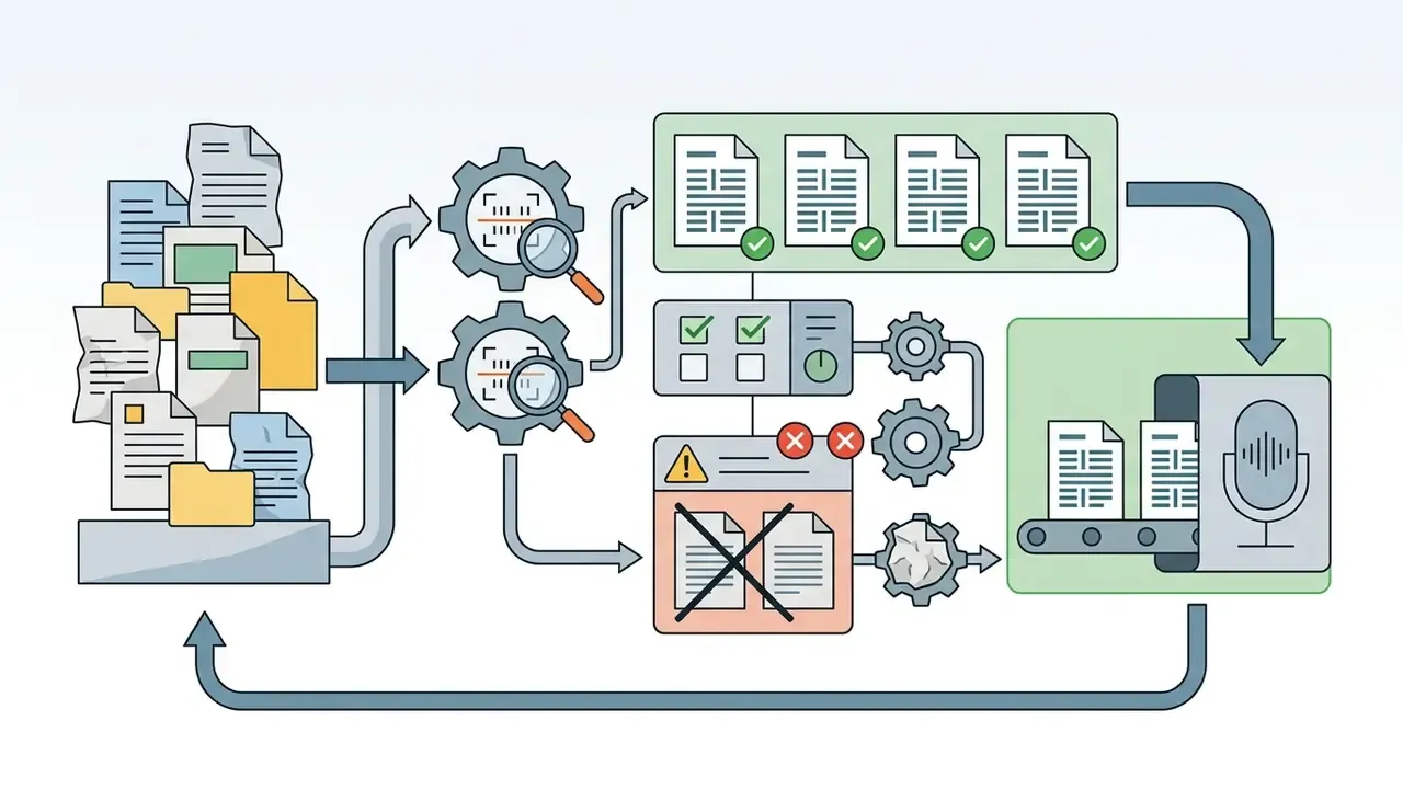 Process showing document verification, filtering of invalid files, and final audio generation