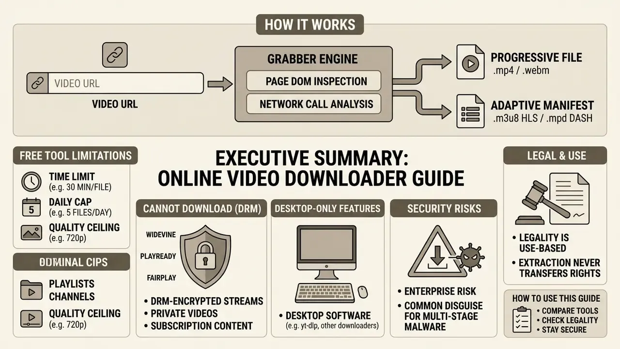 Diagram showing how an online video grabber processes URLs into files alongside common tool limitations