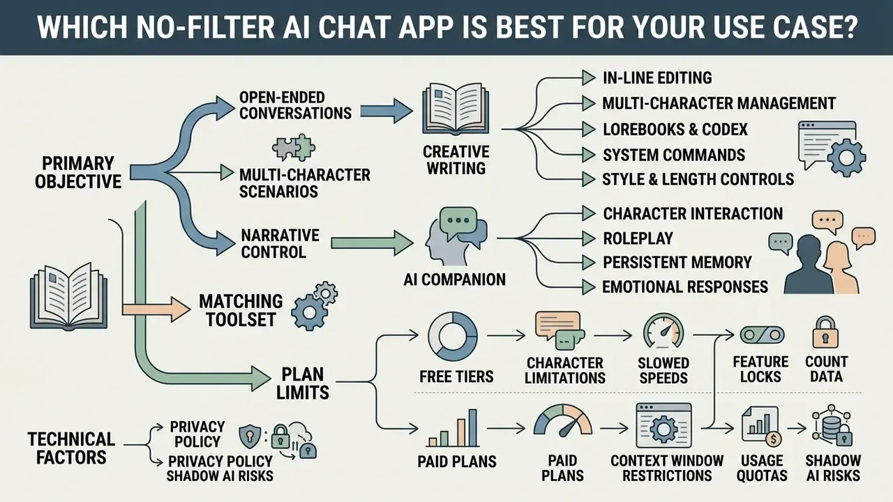 Decision tree mapping creative goals and technical factors for selecting no-filter AI chat apps
