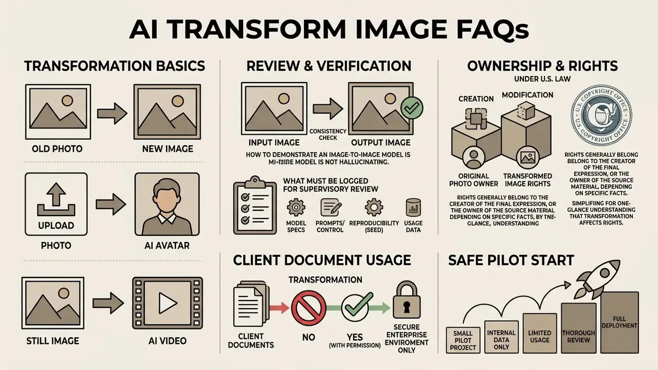 Grid of icons and text explaining legal, technical, and operational considerations for generative models