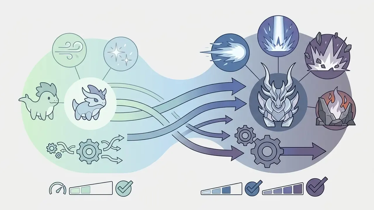 Creature evolution stages connected by arrows and gears with icons representing elemental abilities