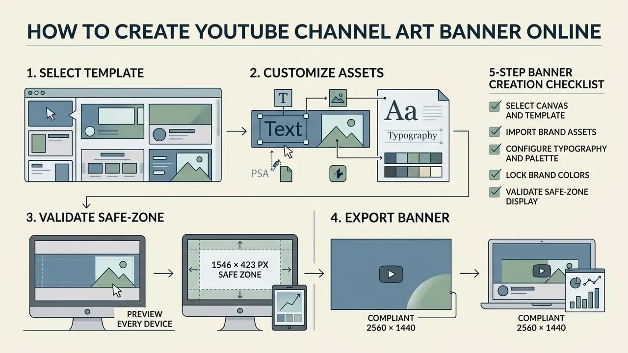 Infographic showing a four-step workflow for designing YouTube channel art with a checklist