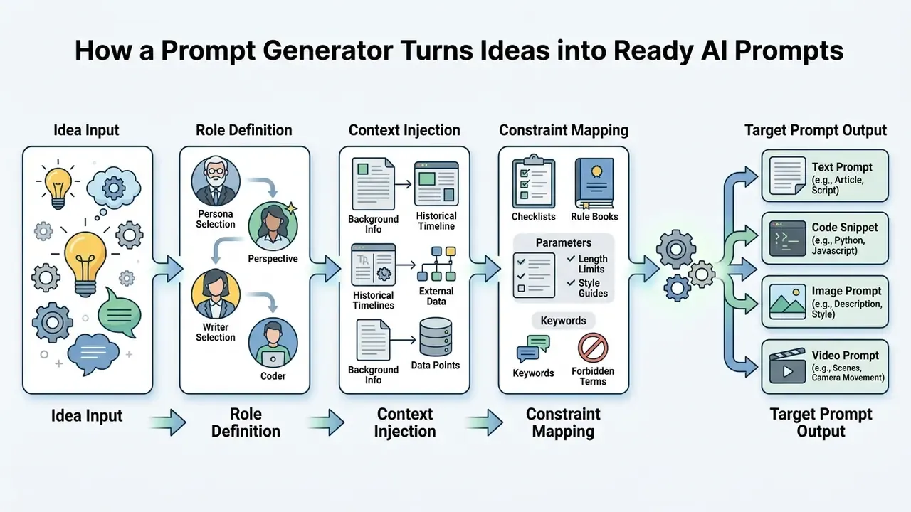 Flowchart showing the stages of converting idea inputs into structured AI prompt outputs through five steps