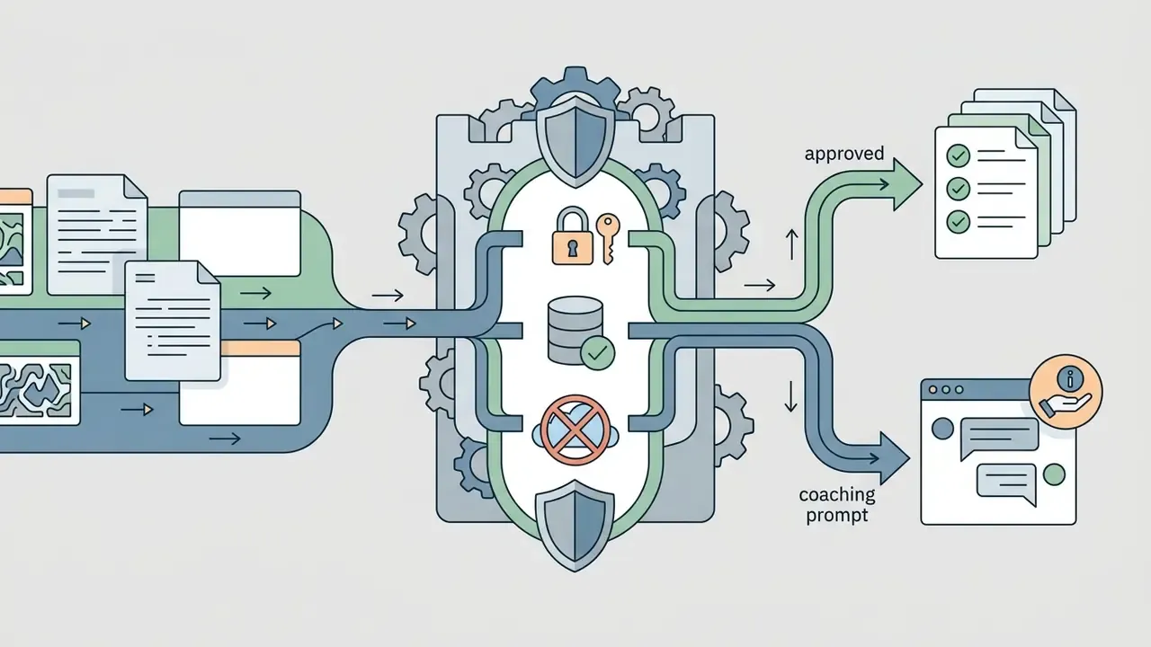 Documents passing through a security filter to either approved storage or a coaching prompt interface