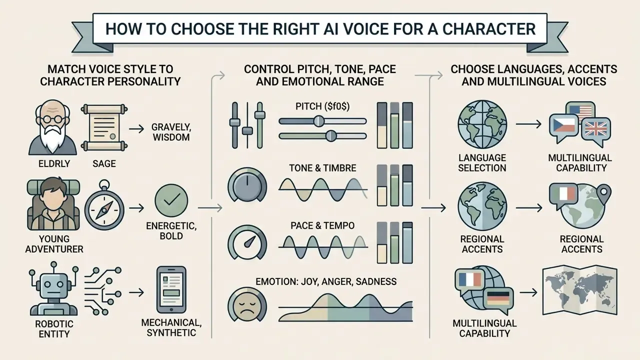 Infographic showing steps to match voice styles, adjust acoustic parameters, and select regional accents