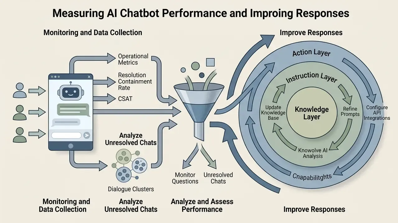 Cycle showing how to track chatbot metrics and refine knowledge, instruction, and action layers