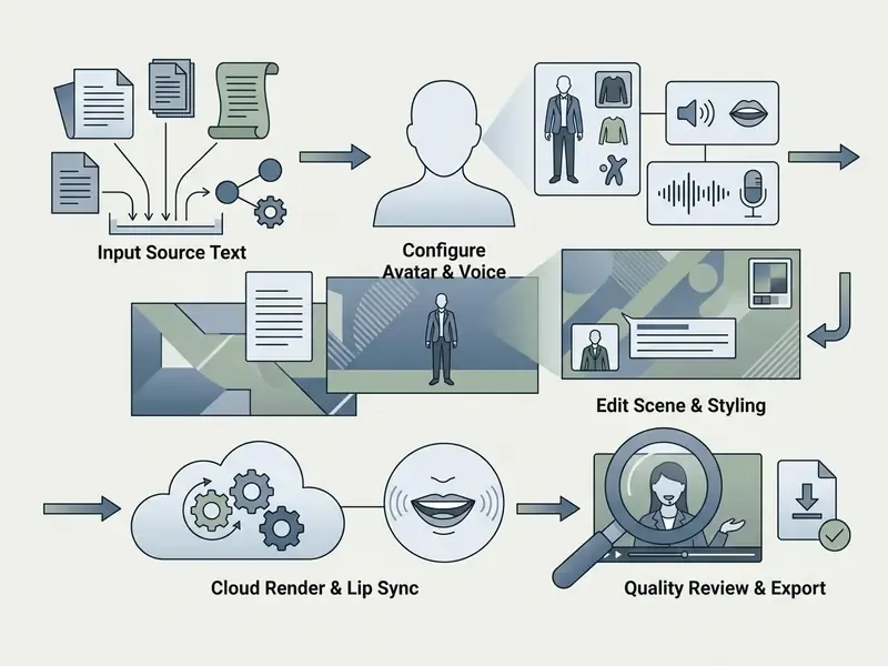 Sequential workflow diagram showing script input, avatar configuration, scene editing, and final export