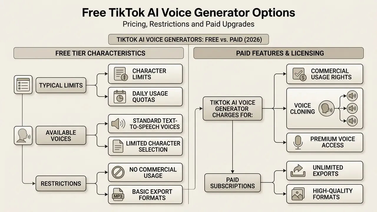 Comparison chart outlining free tier limitations versus paid subscription features for synthetic speech tools