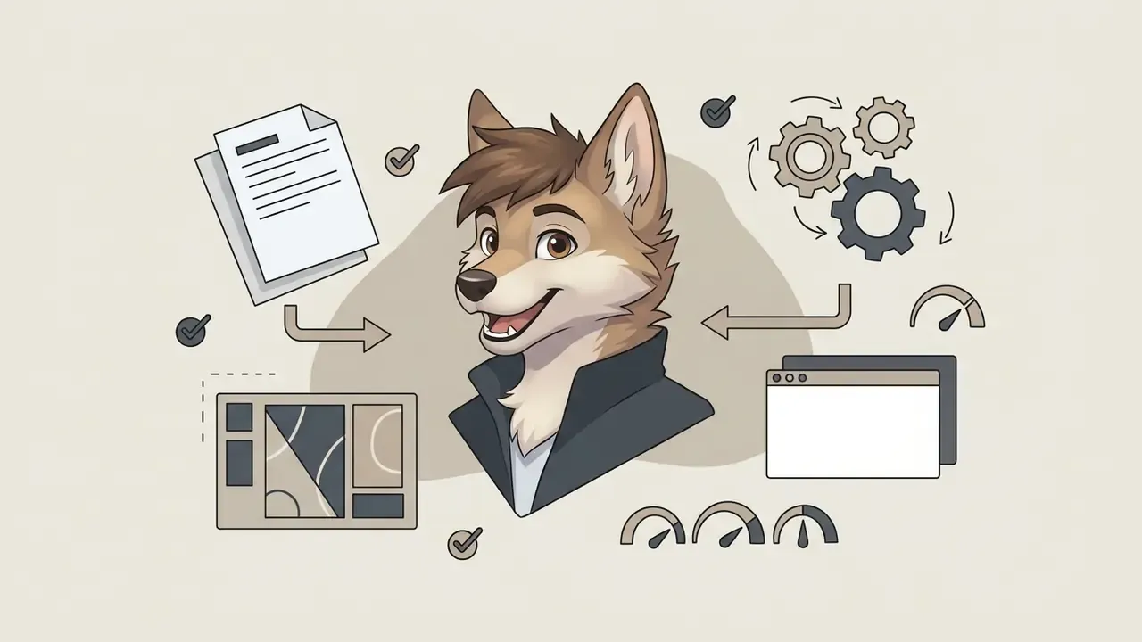 Anthropomorphic canine character surrounded by document, gear, and interface icons indicating processing