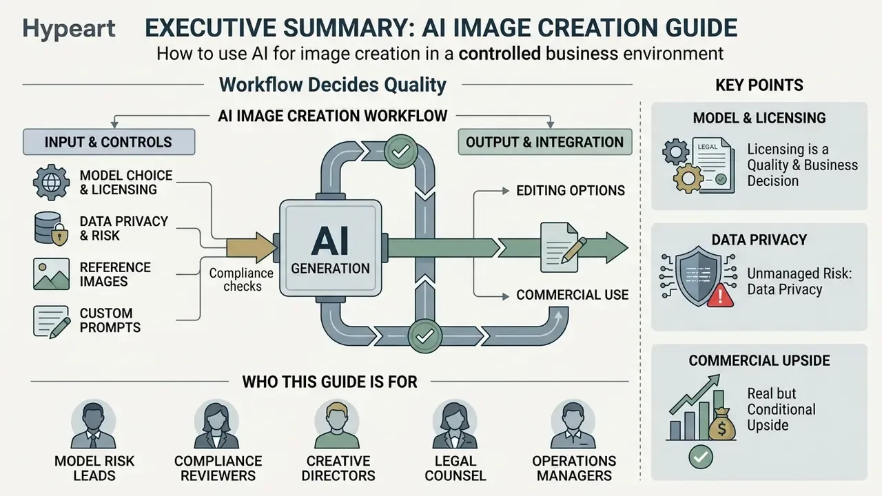 Infographic showing an AI image creation workflow with inputs, generation, and key business considerations