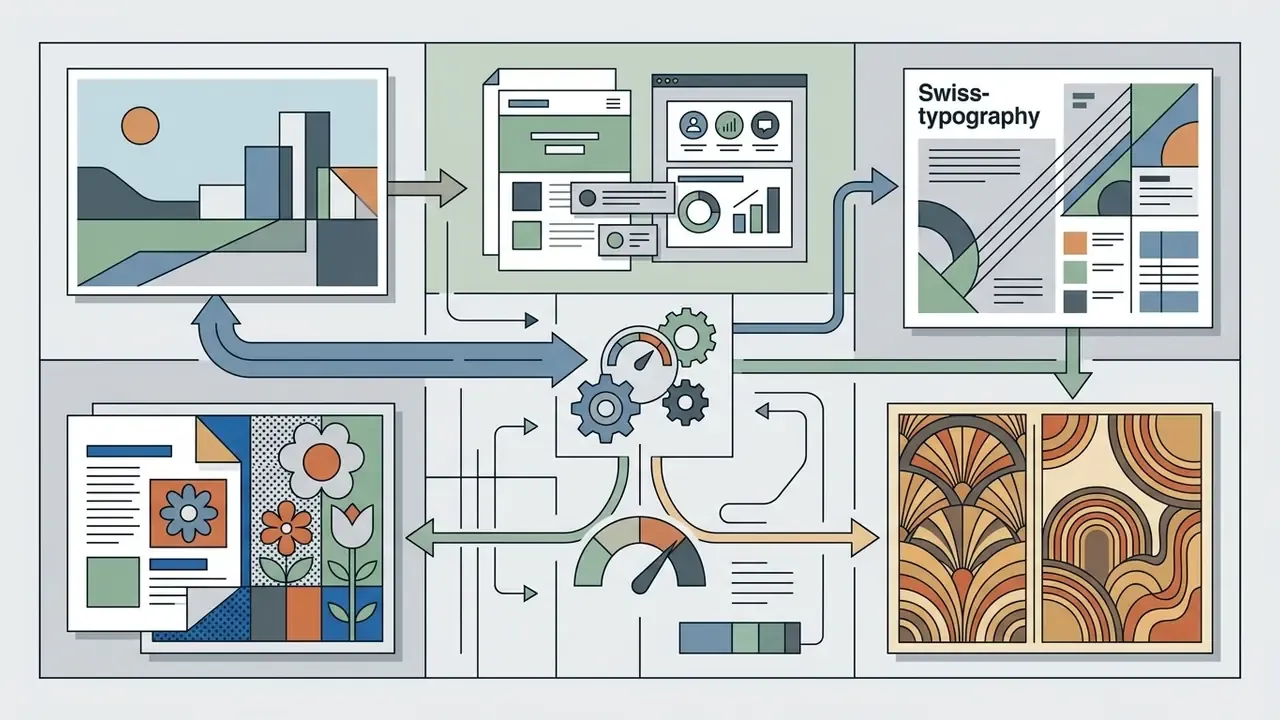 Flowchart showing digital design elements and styles connected to a central processing mechanism