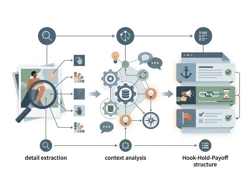 Three-stage process showing detail extraction, context analysis, and a Hook-Hold-Payoff structure