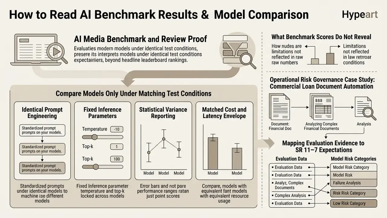 Diagram detailing AI media benchmarks and review proof through matched test conditions and risk mapping