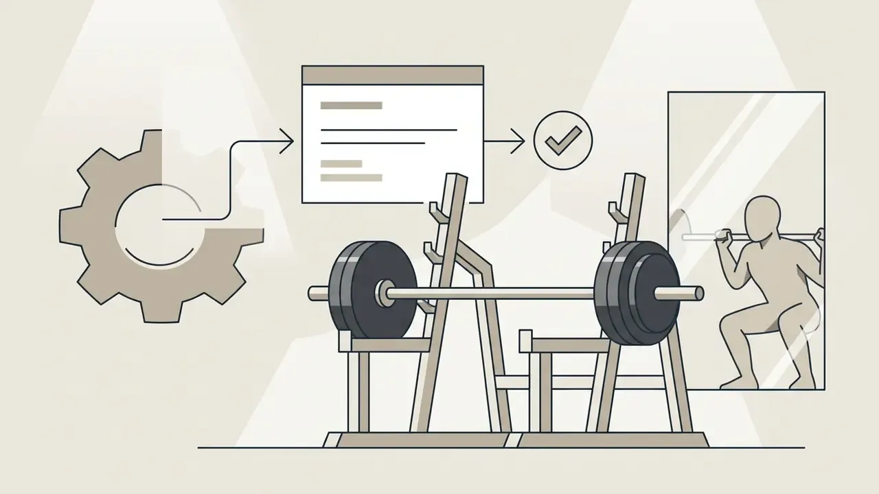 Gear icon connecting to a checklist and a person lifting a barbell in a gym mirror reflection