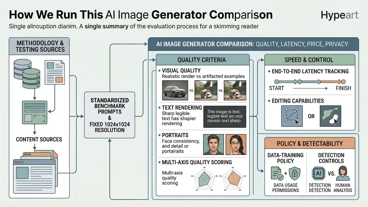 Flowchart detailing methodology, quality criteria, speed, control, and policy for AI image generator comparison