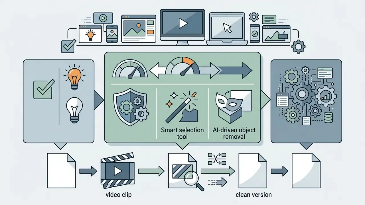 Software interface icons showing smart selection and AI object removal for processing video clips