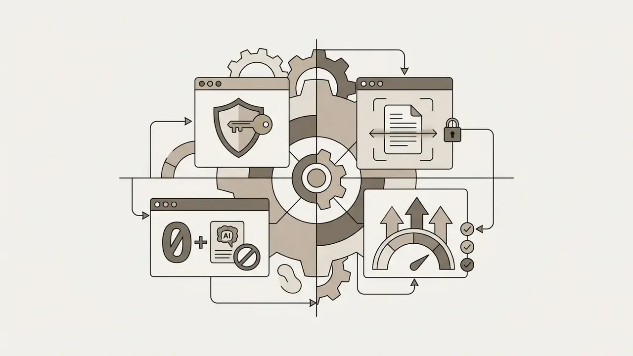 Central gear mechanism connecting windows with encryption, document scanning, zero-training, and speed icons