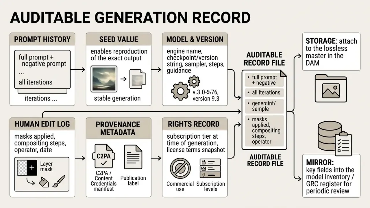 Components of an auditable generation record for AI art including prompt history, metadata, and rights