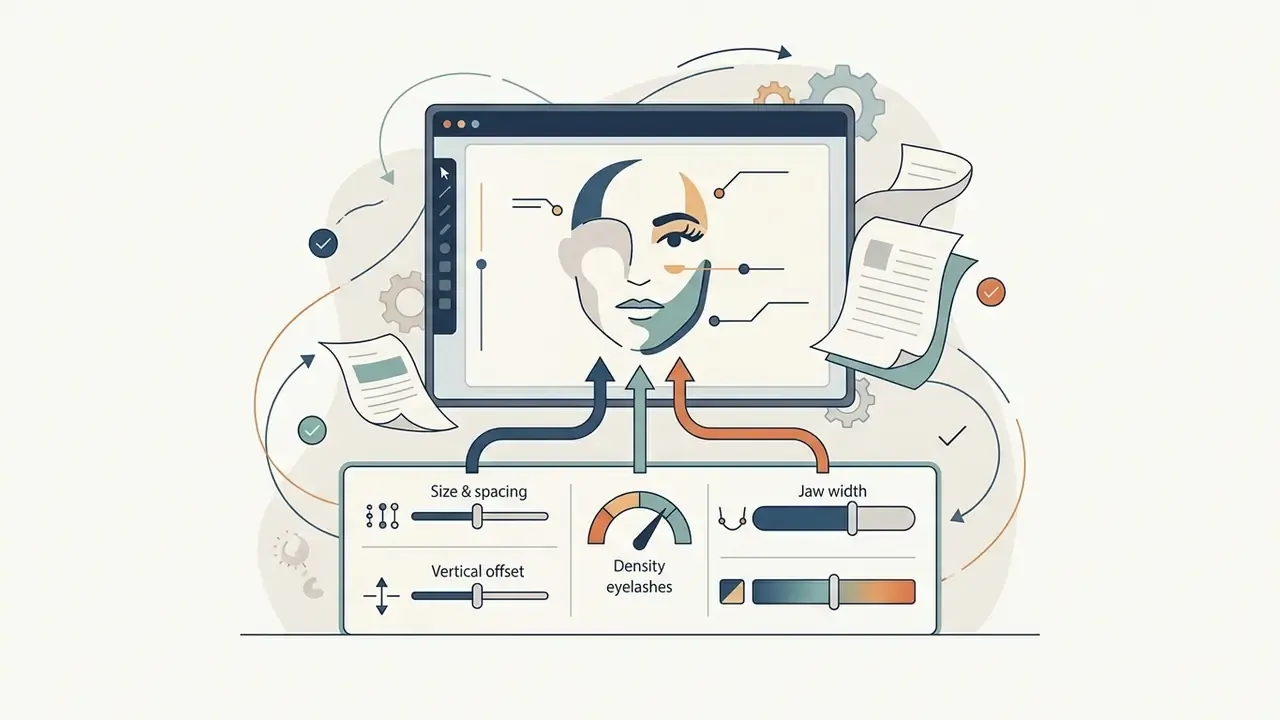 Sliders and gauges adjusting facial features on a character design interface with surrounding documents