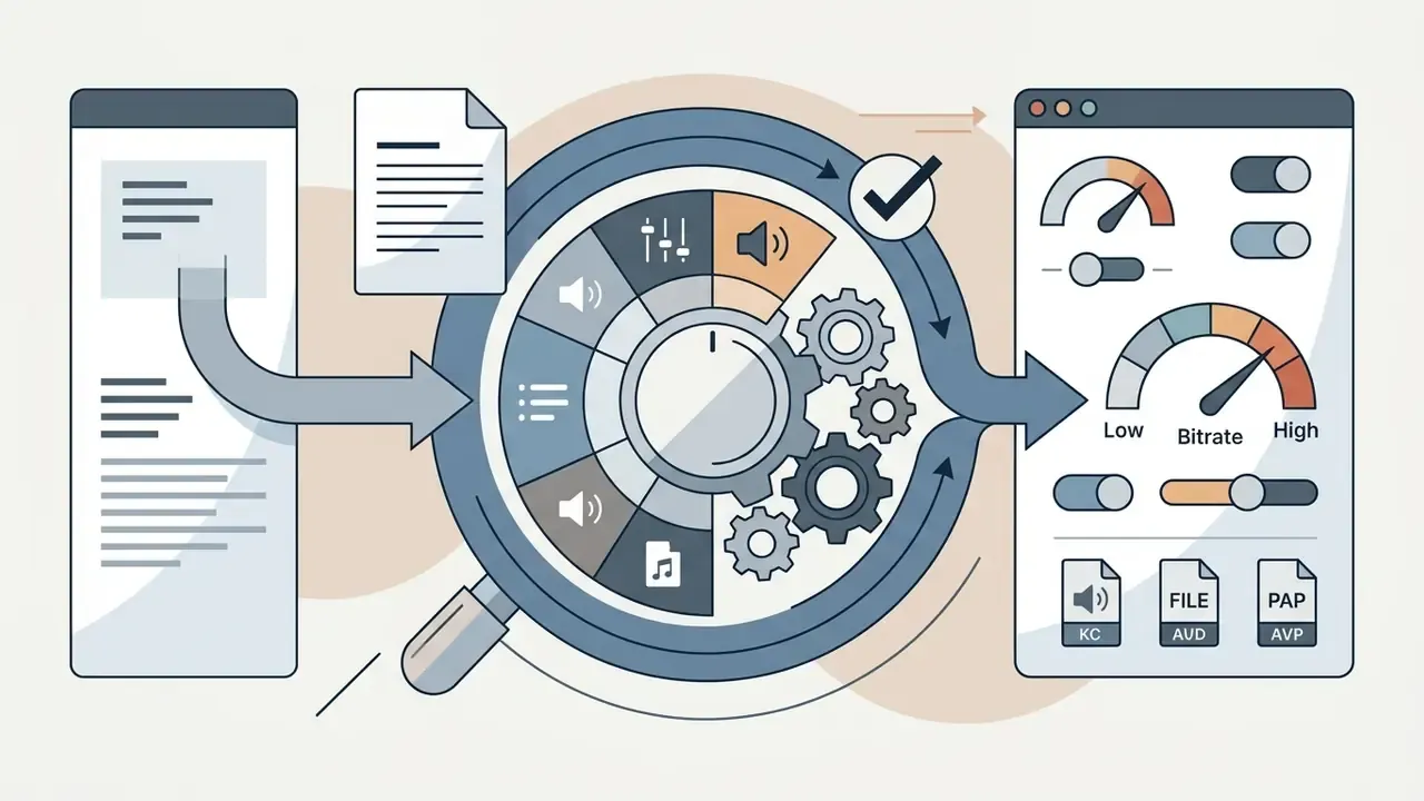 Magnifying glass analyzing audio settings and bitrate controls for a YouTube video to MP3 converter tool