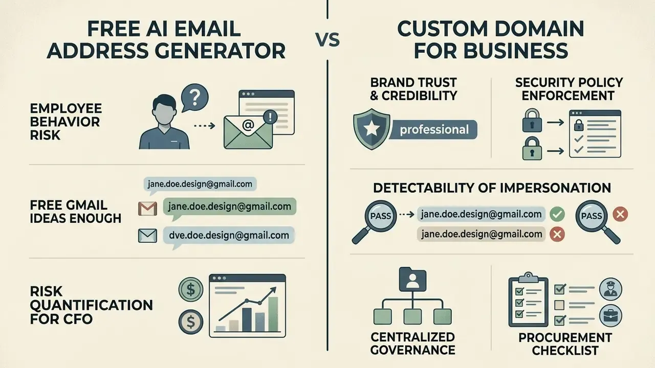 Comparison chart between a free AI email address generator and a custom business domain strategy