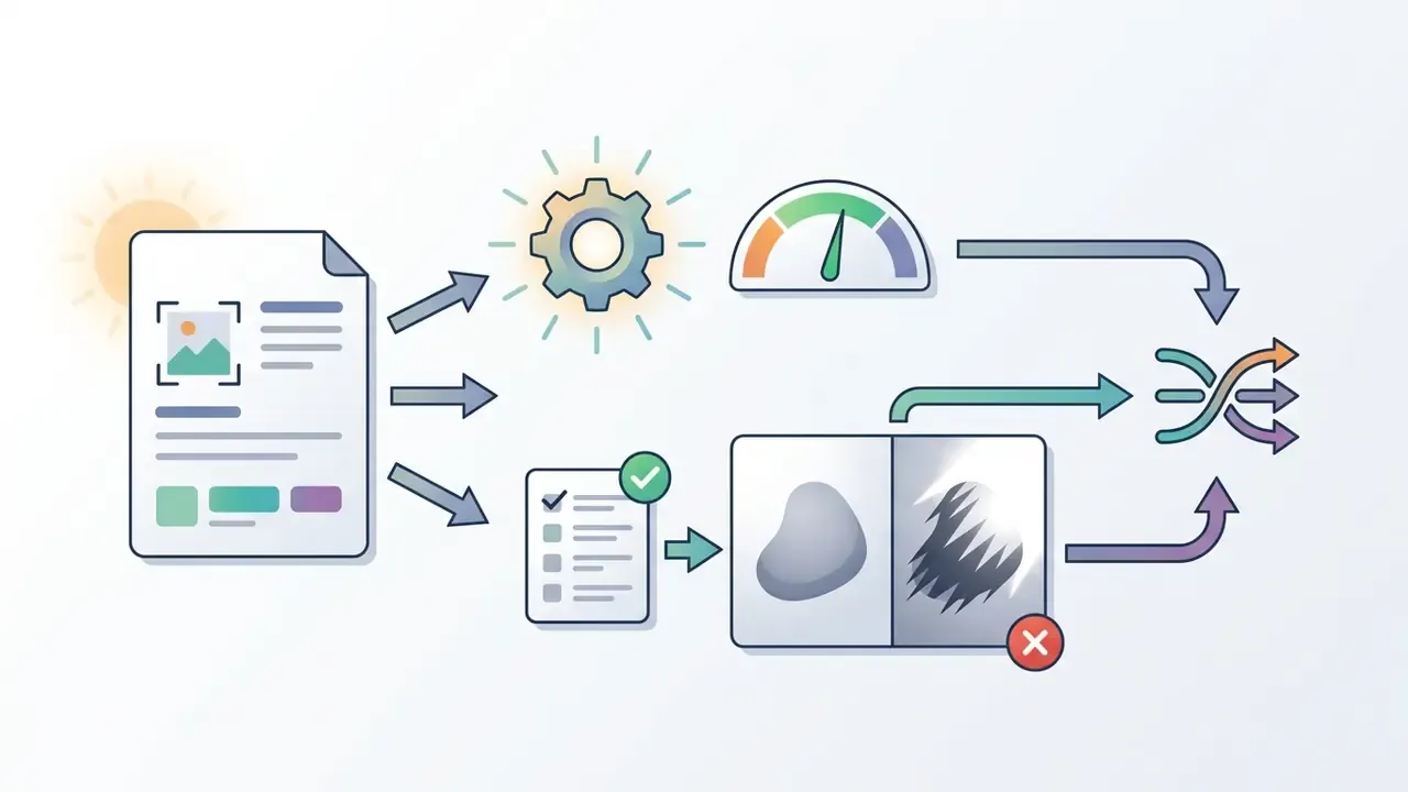 Document icon feeding into a gear and checklist that filter image quality before final processing