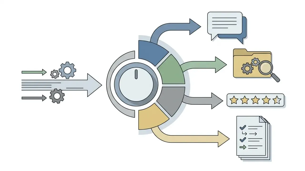 Inputs feeding into a dial that processes data into comments, folders, ratings, and checklists