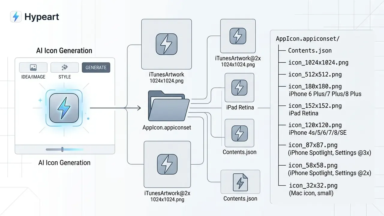 Diagram showing the transformation of a generated icon into a structured folder of various file sizes