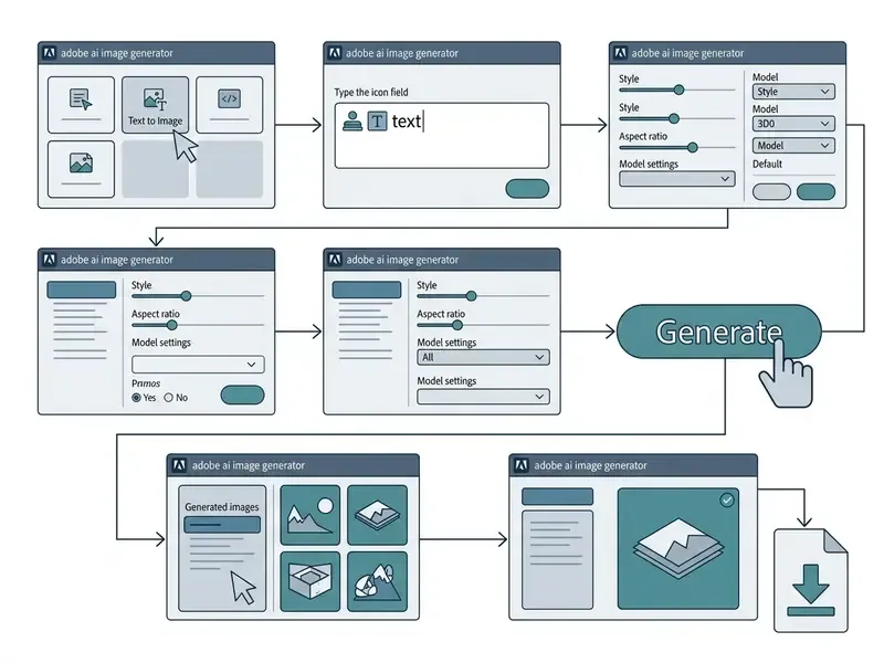 Workflow diagram showing steps to select tools, enter prompts, adjust settings, and download results