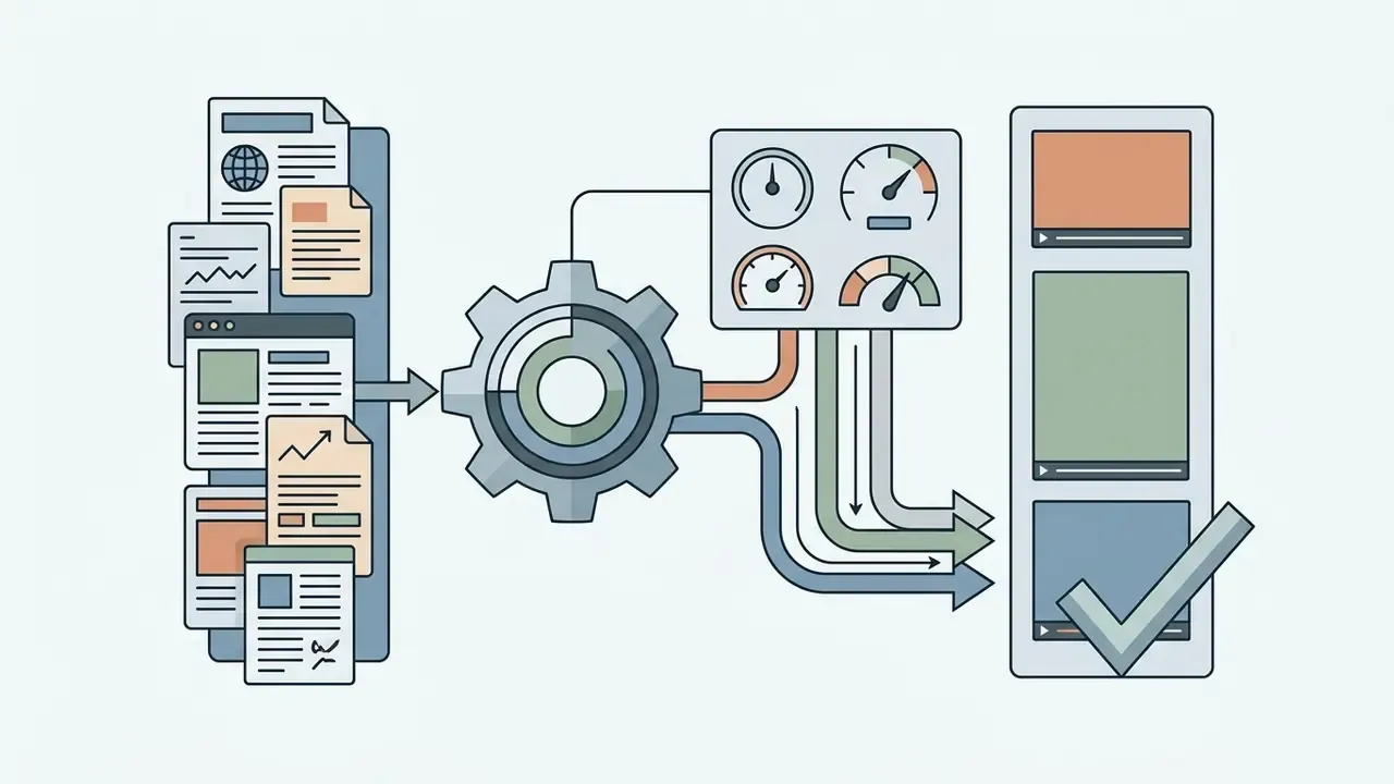 Multiple document icons feeding into a gear mechanism with status gauges leading to finished video files
