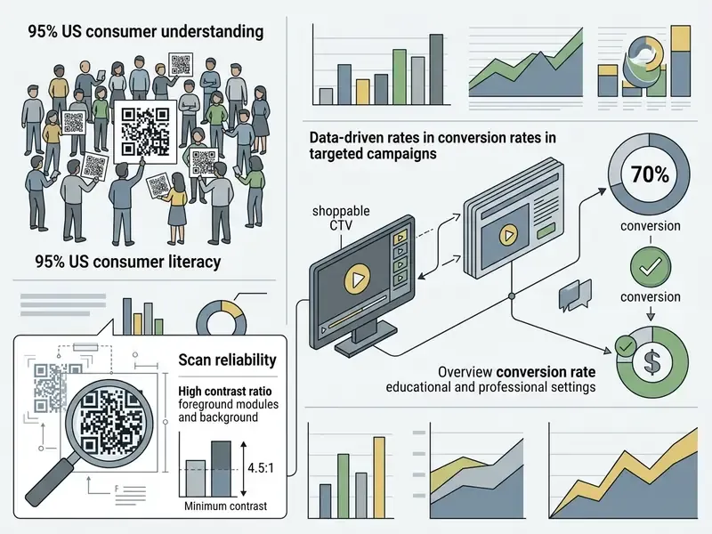 Charts and illustrations showing consumer QR code literacy, conversion metrics, and scan contrast standards