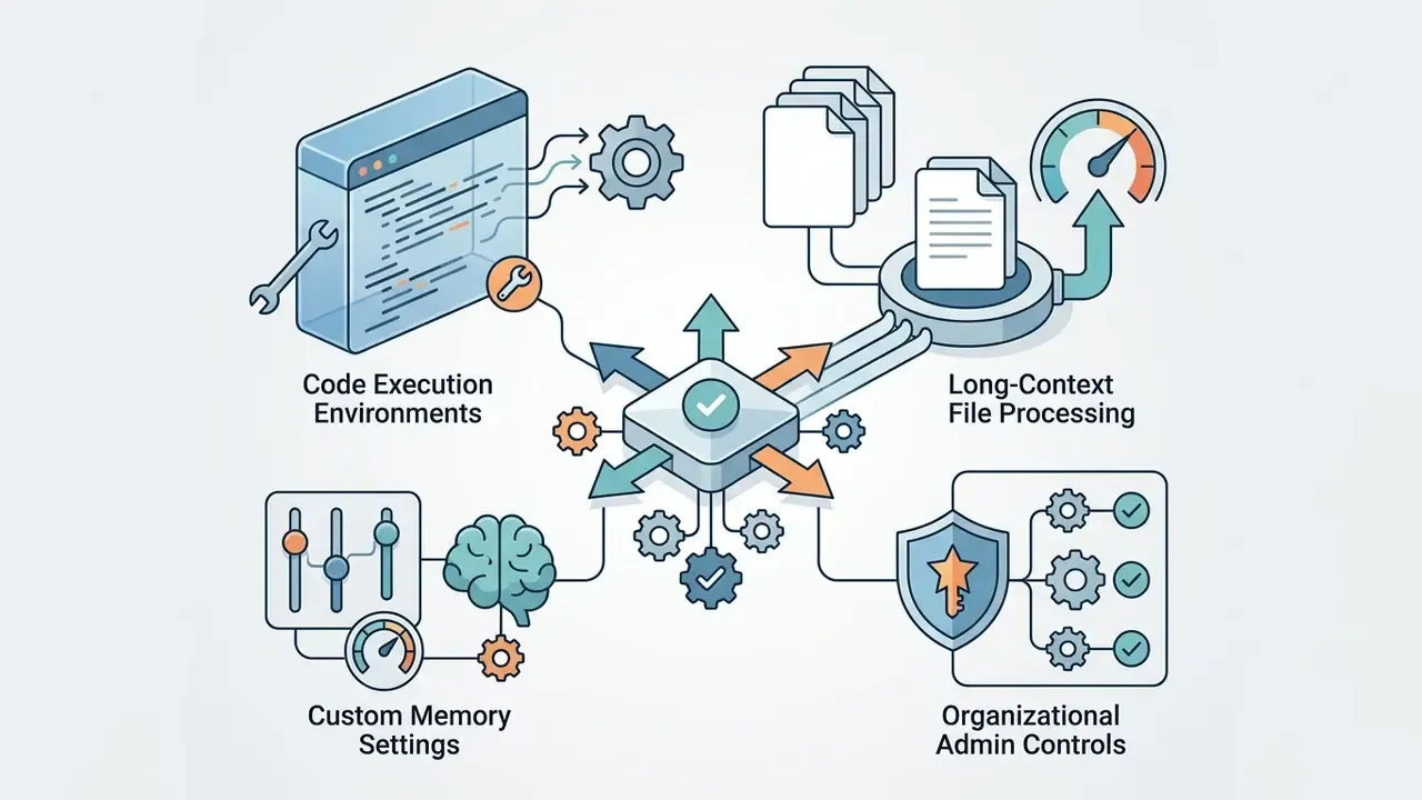 Central hub connecting code execution, file processing, memory settings, and admin control icons