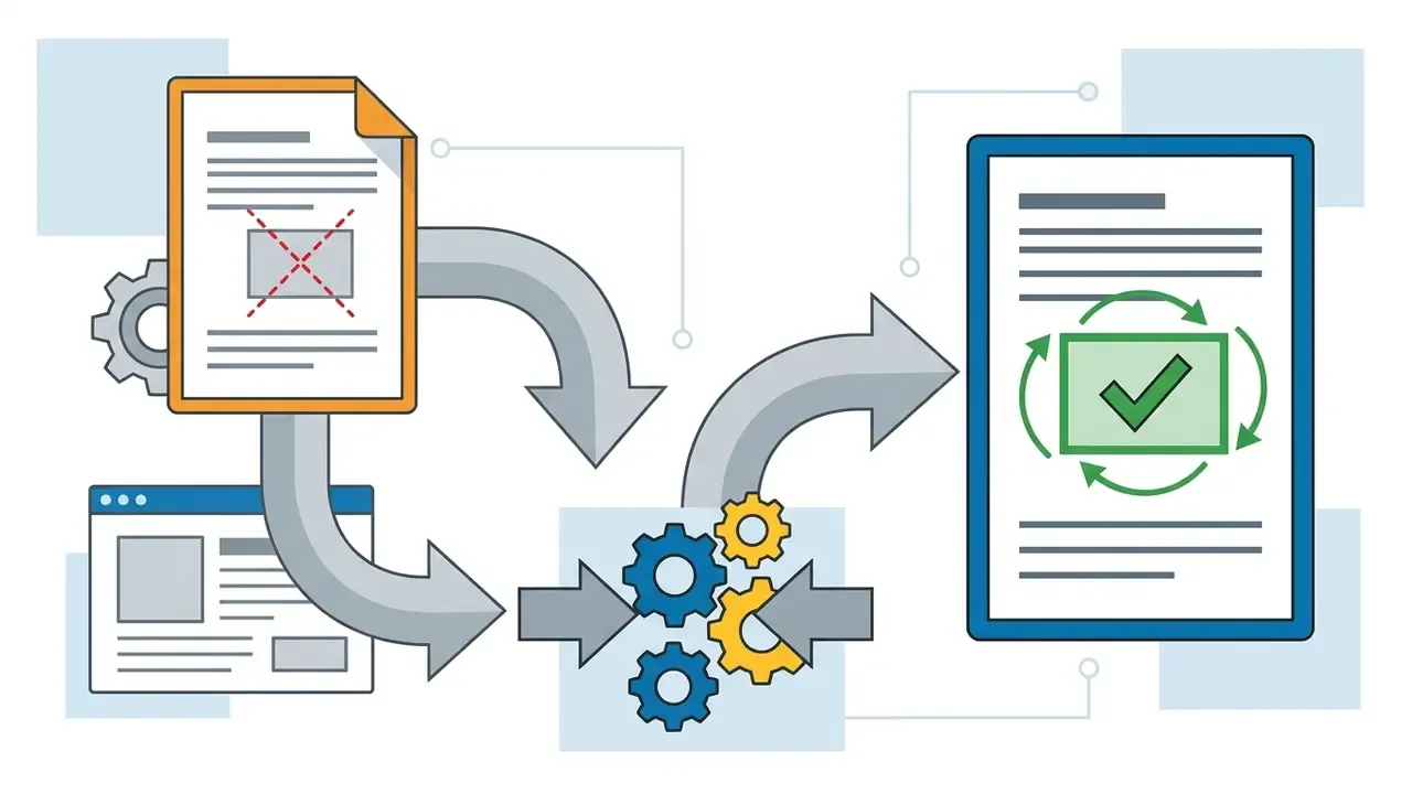 Arrows connecting a rejected document to gears that process information into an updated compliant file