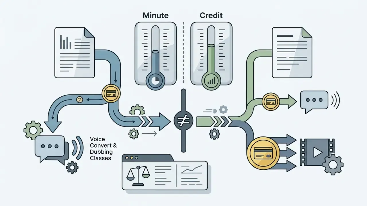 Comparison of minute and credit metrics for voice conversion and video production workflows