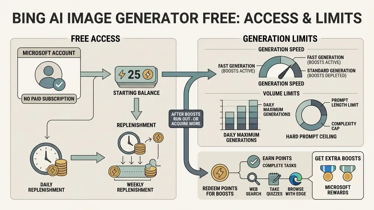 Infographic detailing how a Microsoft account provides free access, daily boosts, and usage limits