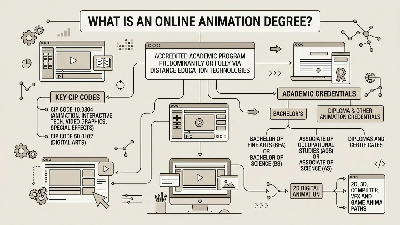 Infographic outlining components of an online animation degree including CIP codes and academic credentials