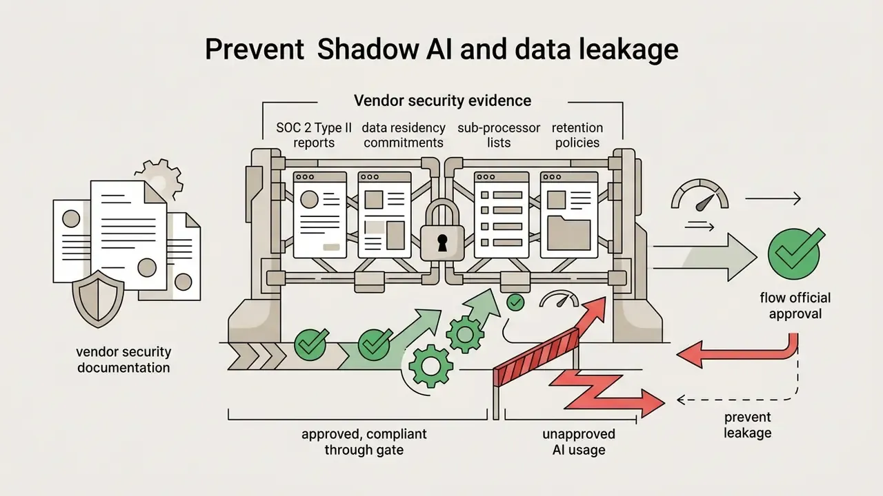 Security documents passing through a gated checkpoint to separate approved AI usage from data leakage