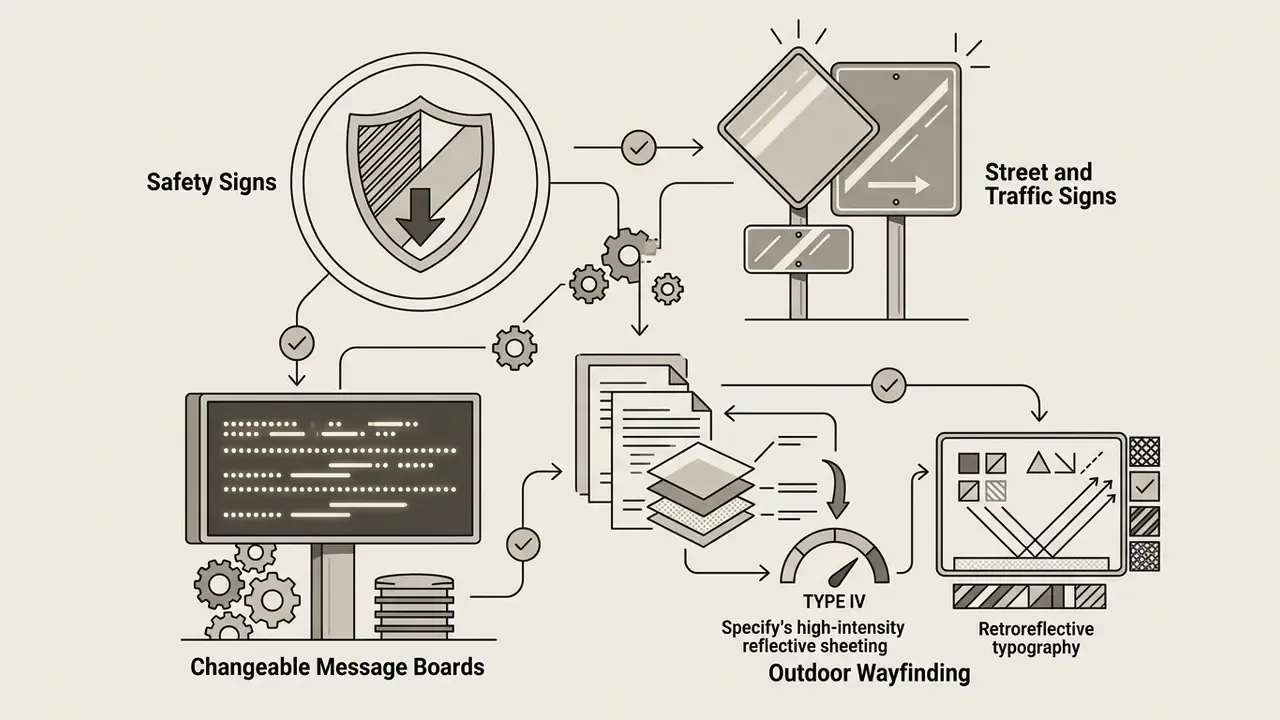 Diagram showing connections between safety signs, traffic signage, message boards, and reflective materials