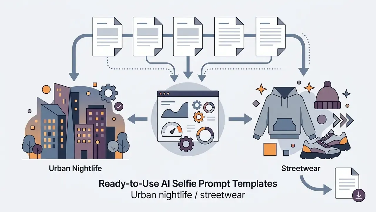 Document templates feeding into a central processing hub that outputs urban and streetwear visuals