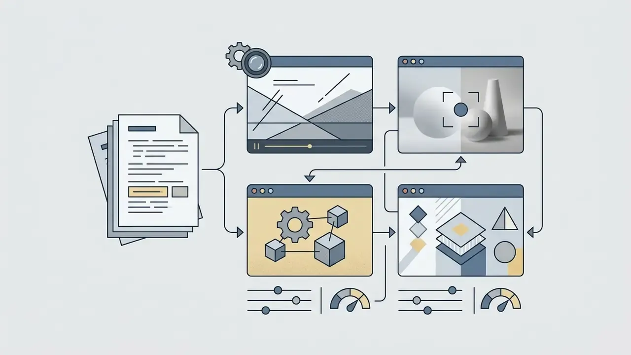 Documents feeding into interface panels that adjust geometric shapes, lighting, and rendering parameters
