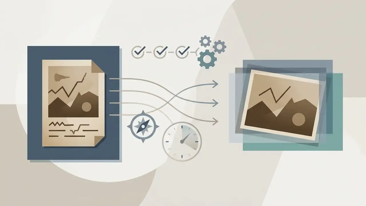 Historical document icon transforming into a layered photo sequence with compass and clock symbols