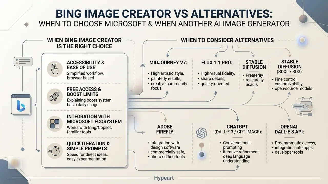 Comparison infographic listing features of Microsoft tools versus various external image generation models
