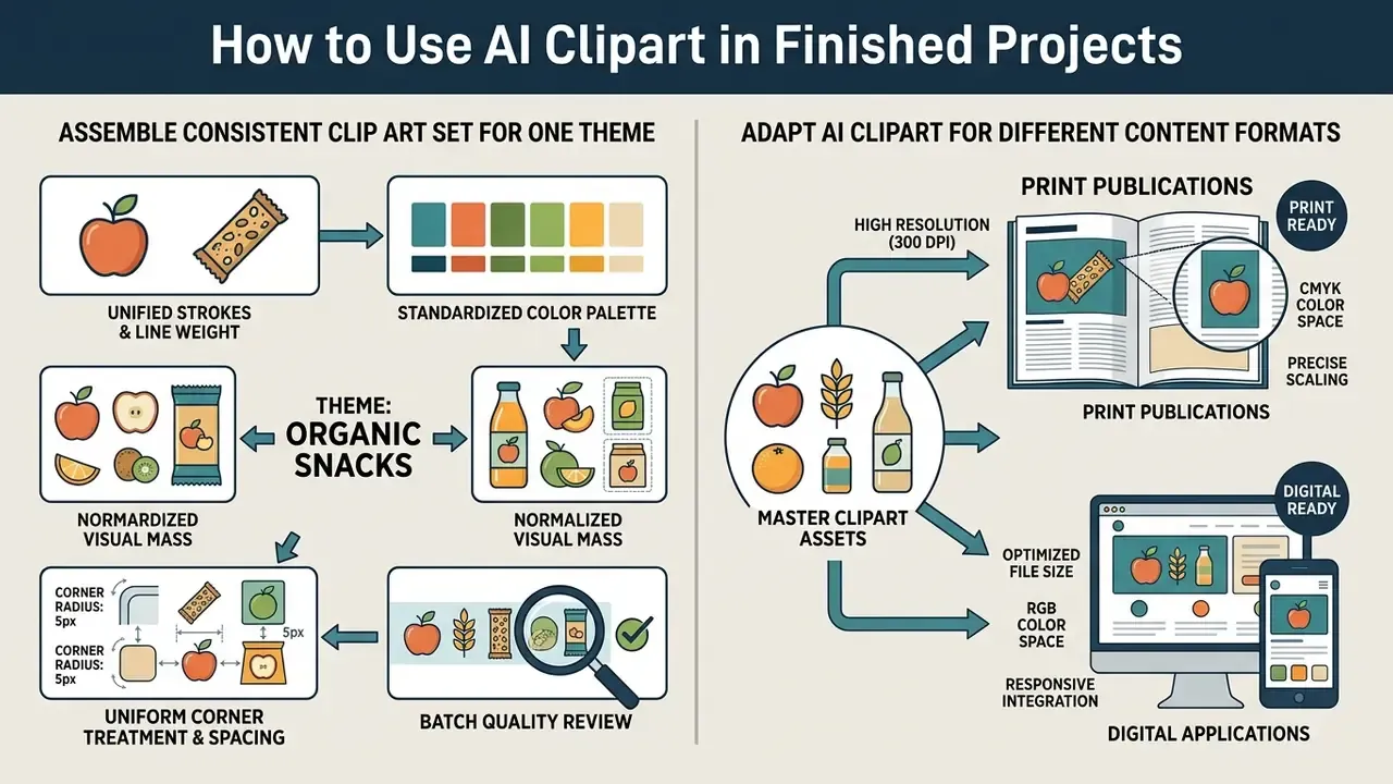 Two-part guide showing steps to unify visual themes and adapt digital assets for print and web formats