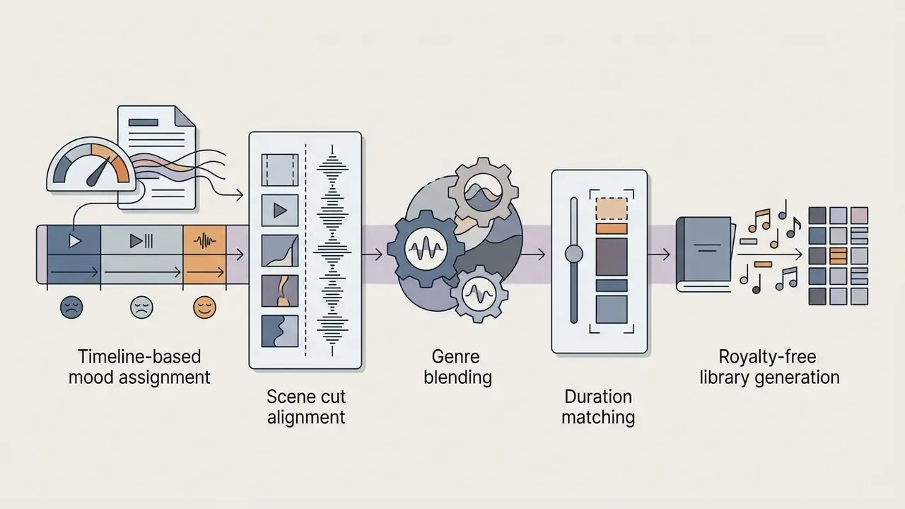 Timeline of mood settings and scene cuts flowing through gears into duration tools and music libraries