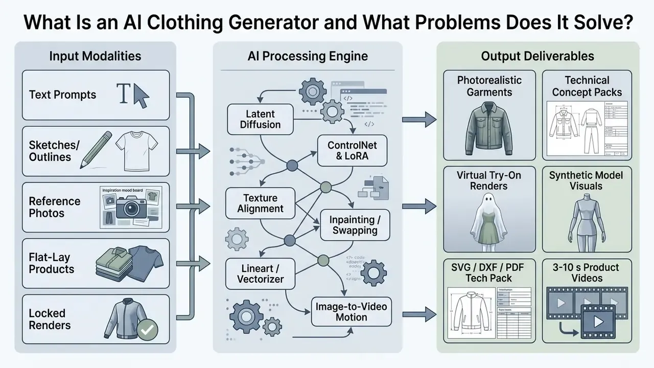 Flowchart showing input modalities, AI processing engine, and output deliverables for clothing generation