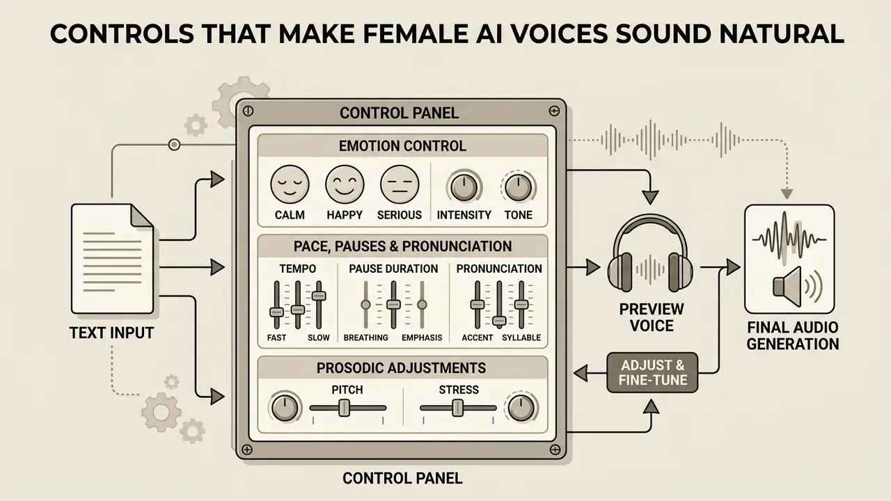 Control panel interface for adjusting emotion, pace, and prosody to refine a female AI voice generator