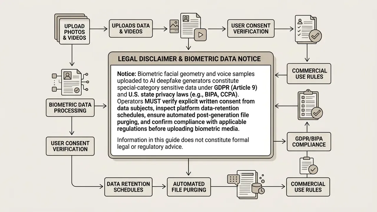 Circular workflow diagram outlining legal and biometric data compliance steps for media processing